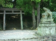 Torii before the stone steps leading to the main Manai Jinja shrine building.